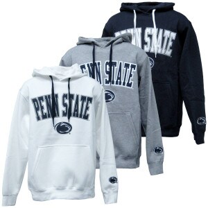 white, gray, and navy hooded sweatshirts with Penn State arched above Athletic Logo on chests, Athletic Logo on left wrists